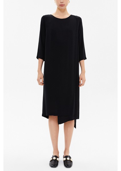 Siyah Asimetrik Kesim Midi Elbise 92212