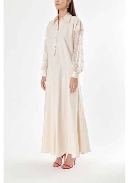 Bej Dantel Detaylı Bol Kesim Elbise 94180