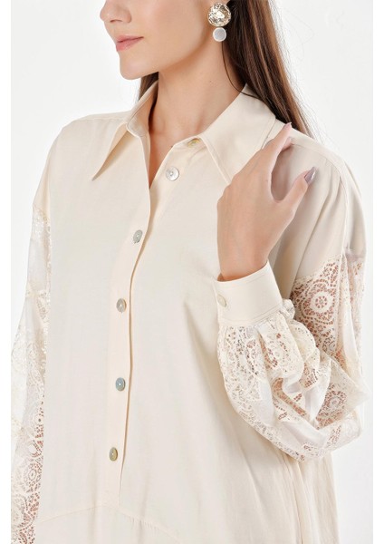 Bej Dantel Detaylı Bol Kesim Elbise 94180