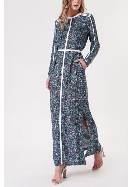 Mavi Kontrast Biye Detaylı Uzun Elbise 94110