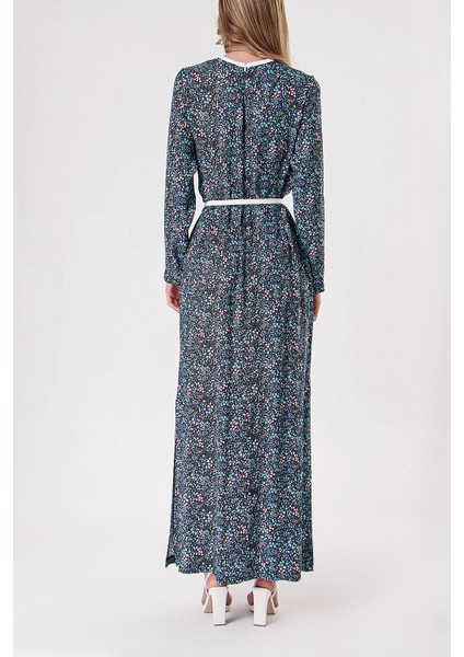 Mavi Kontrast Biye Detaylı Uzun Elbise 94110 fırsatları