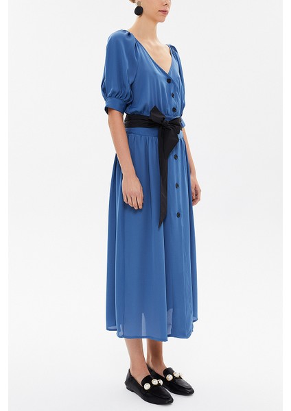 Mavi V Yaka Uzun Elbise 92761