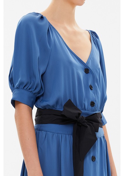 Mavi V Yaka Uzun Elbise 92761