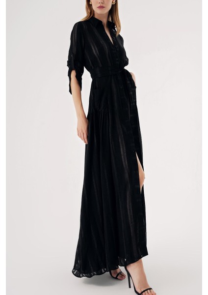 Siyah Büzgülü Beli Lastikli Uzun Gömlek Elbise 94570