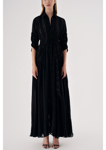 Siyah Büzgülü Beli Lastikli Uzun Gömlek Elbise 94570