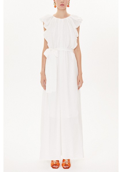 Beyaz Omuzları Büzgülü Salaş Elbise 93468