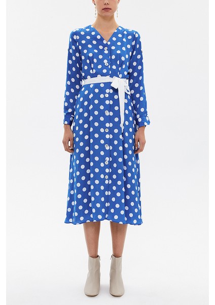 Mavi Kuşaklı Önden Düğmeli Midi Elbise 92666