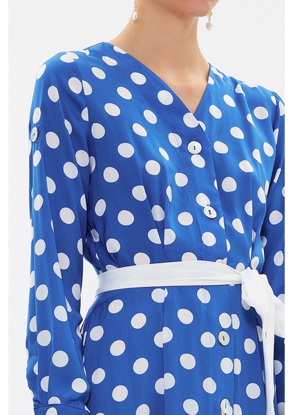 Mavi Kuşaklı Önden Düğmeli Midi Elbise 92666 modelleri