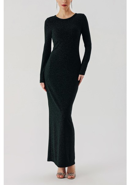 Yeşil Kurdela Detaylı Simli Dar Elbise 94442