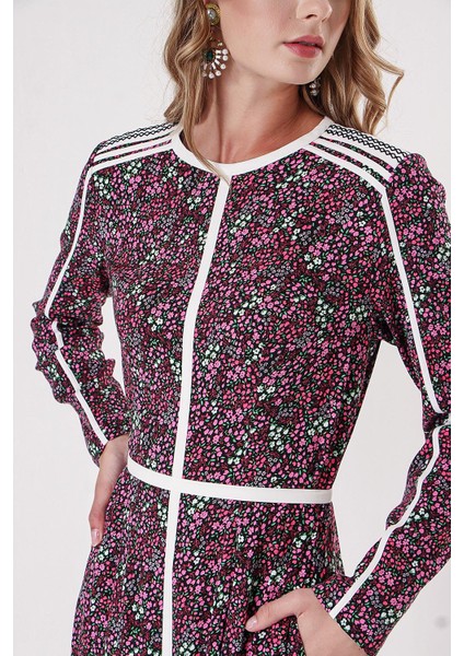 Pembe Kontrast Biye Detaylı Uzun Elbise 94110