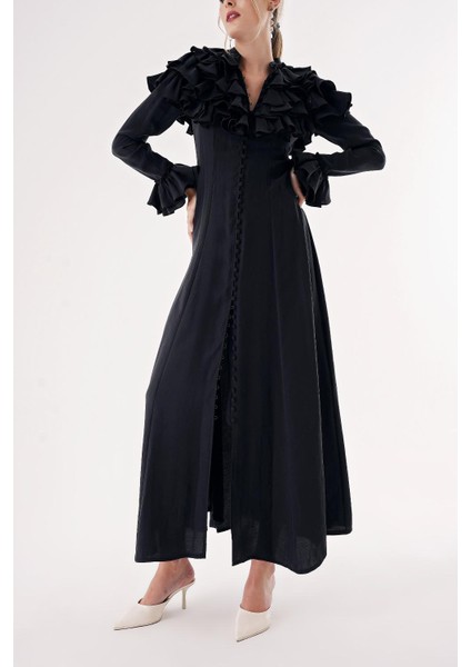 Siyah Hakim Yaka Fırfır Detaylı Gömlek Elbise 94465
