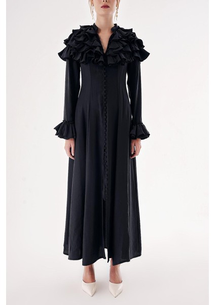 Siyah Hakim Yaka Fırfır Detaylı Gömlek Elbise 94465 fiyatları