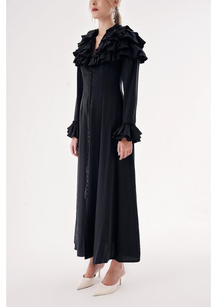 Siyah Hakim Yaka Fırfır Detaylı Gömlek Elbise 94465 modelleri
