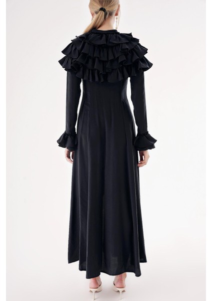 Siyah Hakim Yaka Fırfır Detaylı Gömlek Elbise 94465 fırsatları