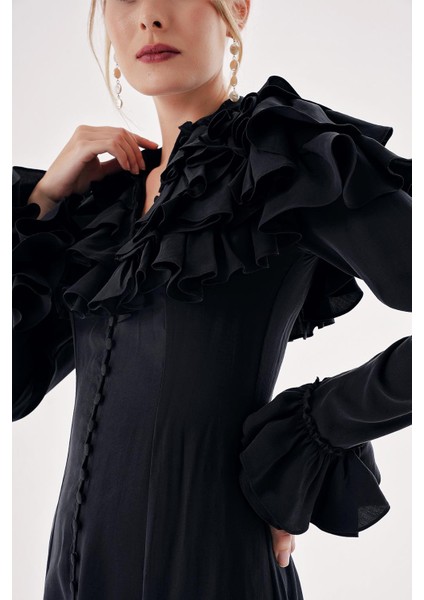 Siyah Hakim Yaka Fırfır Detaylı Gömlek Elbise 94465 indirimleri