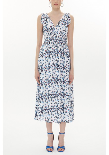 Mavi Desenli Beli Lastikli Kolsuz Midi Elbise 93359