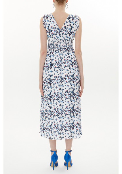 Mavi Desenli Beli Lastikli Kolsuz Midi Elbise 93359