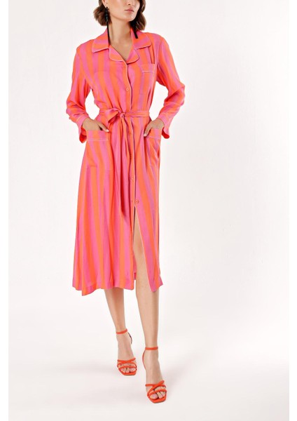 Pembe Biyeli ve Kemerli Gömlek Elbise 94029