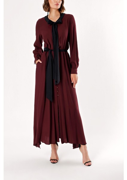 Bordo Düğme Detaylı Elbise 93486