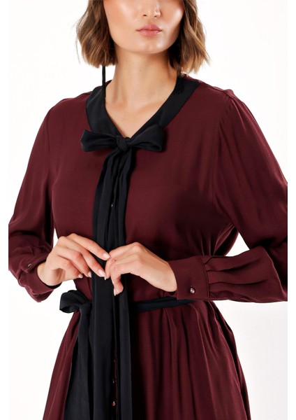 Bordo Düğme Detaylı Elbise 93486 indirimleri