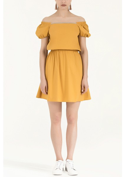 Hardal Beli Lastikli Poplin Mini Elbise 91678