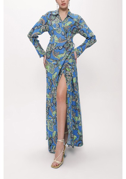 Mavi Anvelop Kapama Uzun Elbise 94177