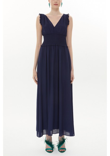 Lacivert Beli Lastikli V Yaka Kolsuz Uzun Elbise 93348