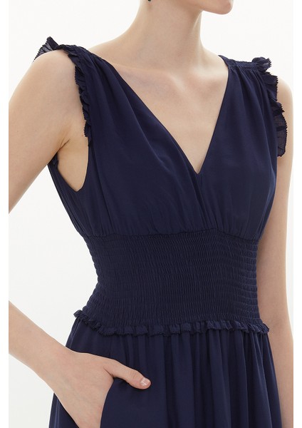 Lacivert Beli Lastikli V Yaka Kolsuz Uzun Elbise 93348 fiyatları