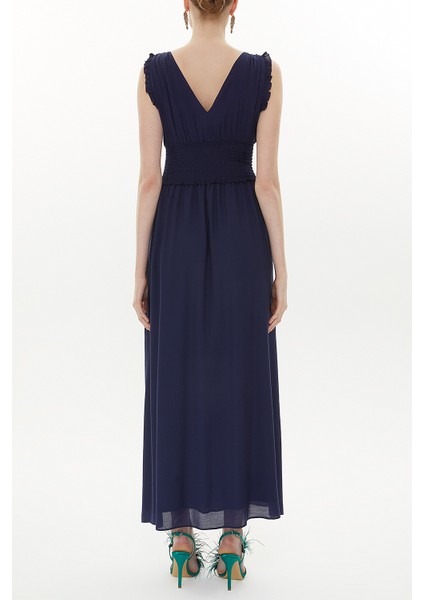 Lacivert Beli Lastikli V Yaka Kolsuz Uzun Elbise 93348 modelleri