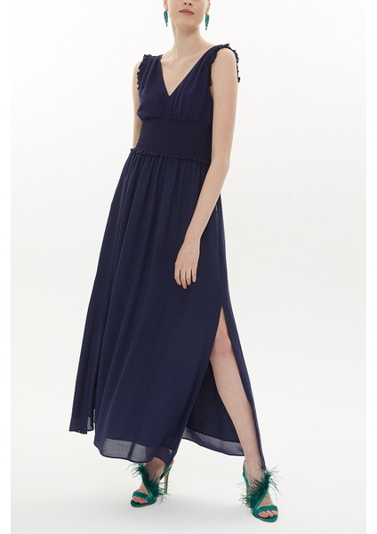 Lacivert Beli Lastikli V Yaka Kolsuz Uzun Elbise 93348 fırsatları