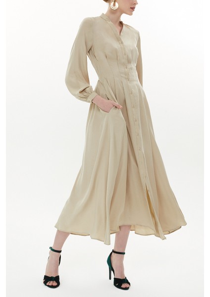 Bej Beli Dikiş Detaylı Uzun Elbise 93367 fırsatları