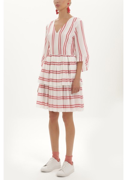 Kırmızı V Yaka Volanlı Çizgili Mini Elbise 92384 fiyatları