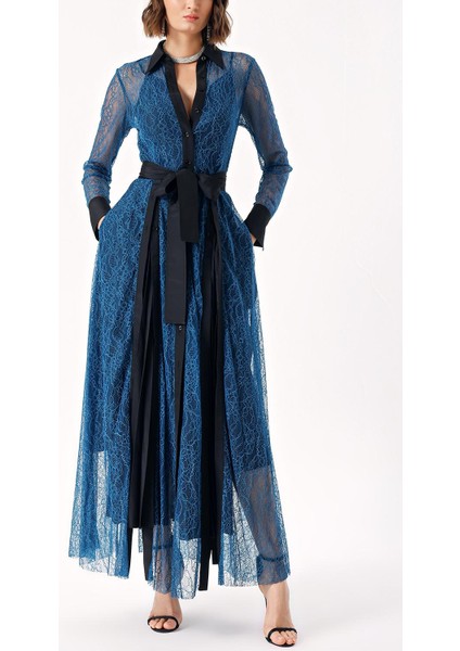 Mavi Pliseli Dantelli Uzun Gömlek Elbise 94305