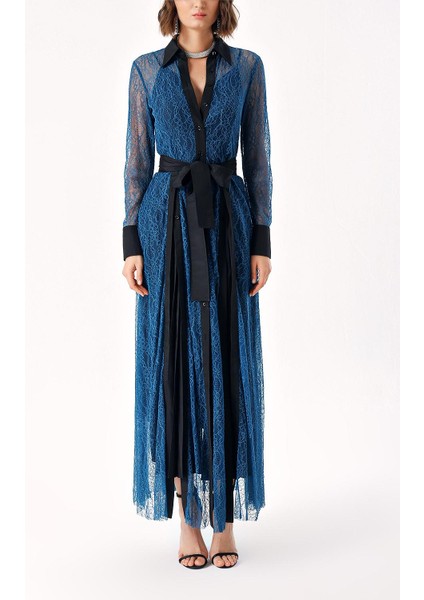 Mavi Pliseli Dantelli Uzun Gömlek Elbise 94305 fiyatları