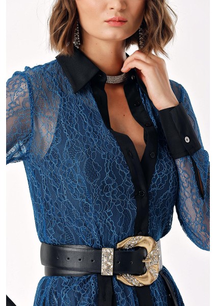 Mavi Pliseli Dantelli Uzun Gömlek Elbise 94305 indirimleri