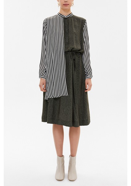 Haki Çizgilii Kumaş Kombinli Düğmeli Midi Elbise 92805