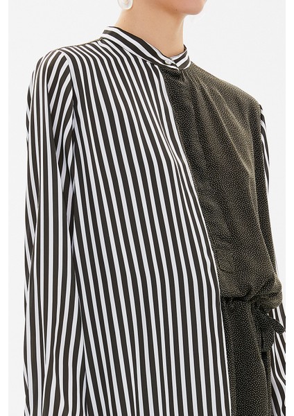 Haki Çizgilii Kumaş Kombinli Düğmeli Midi Elbise 92805 modelleri