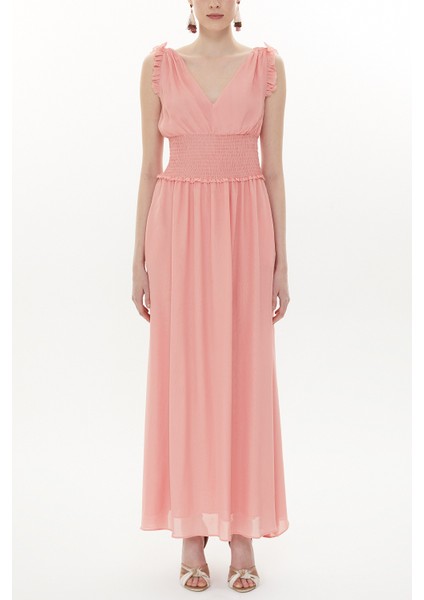 Pembe Beli Lastikli V Yaka Kolsuz Uzun Elbise 93348