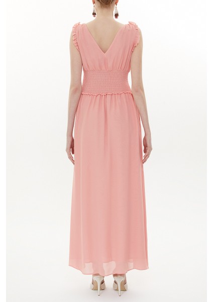 Pembe Beli Lastikli V Yaka Kolsuz Uzun Elbise 93348 modelleri