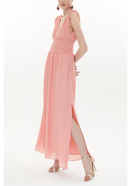 Pembe Beli Lastikli V Yaka Kolsuz Uzun Elbise 93348 fırsatları