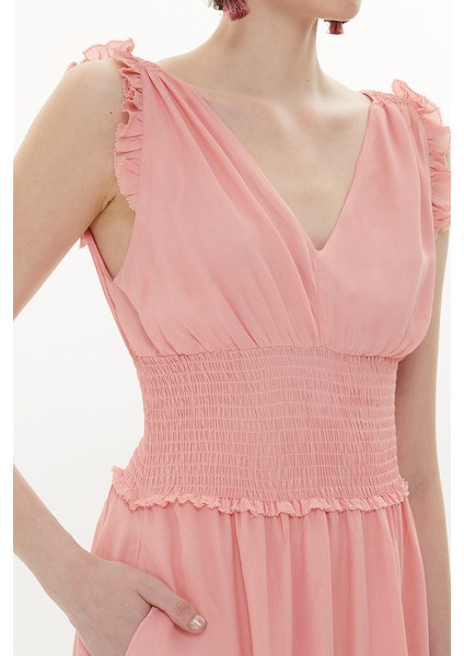 Pembe Beli Lastikli V Yaka Kolsuz Uzun Elbise 93348 indirimleri