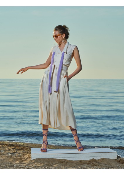 Ekru Kolsuz Keten Elbise 93536