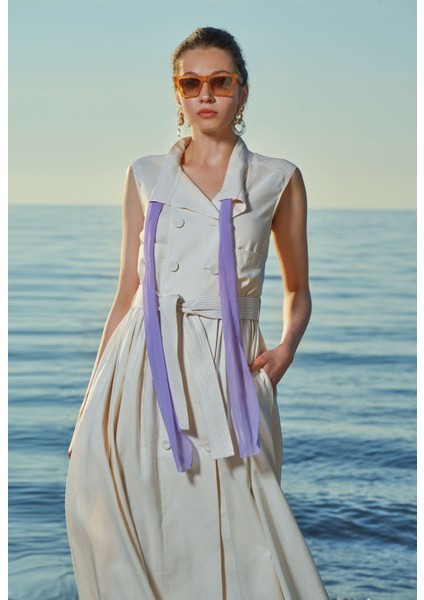 Ekru Kolsuz Keten Elbise 93536