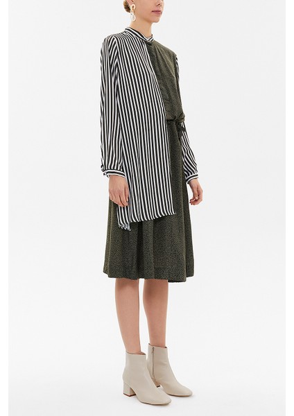 Haki Çizgilii Kumaş Kombinli Düğmeli Midi Elbise 92805 indirimleri