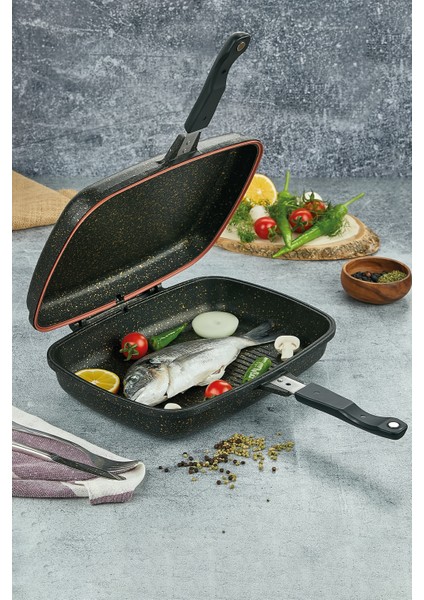 Iron Granit Döküm Et Tavuk Balık Izgara Tavası 36 cm Siyah