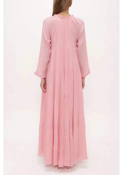 Pembe Bol Kesim Büzgülü Uzun Elbise 93742