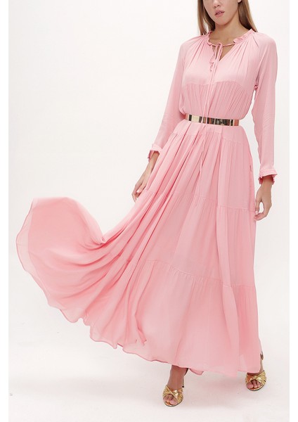 Pembe Bol Kesim Büzgülü Uzun Elbise 93742