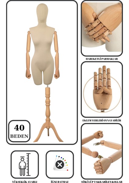 40 Beden Ahşap Kollu Iğne Batmaz Vitrin Amaçlı Terzi Mankeni Vitrin Mankeni Kafalı