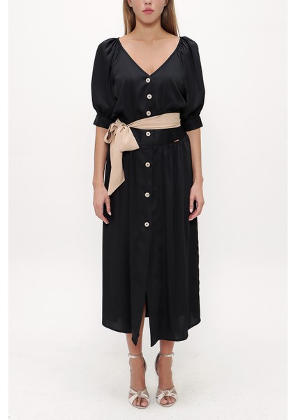 Siyah V Yaka Uzun Elbise 92761