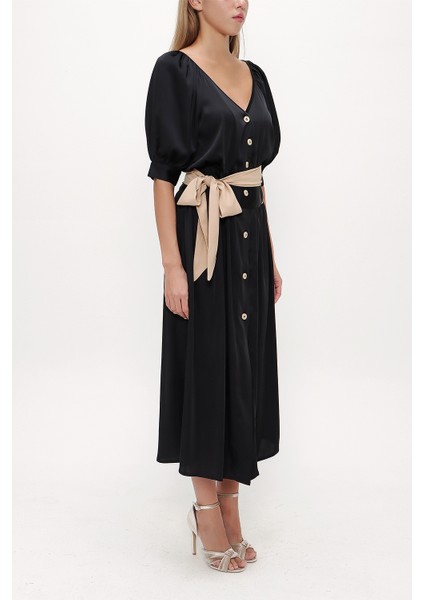 Siyah V Yaka Uzun Elbise 92761